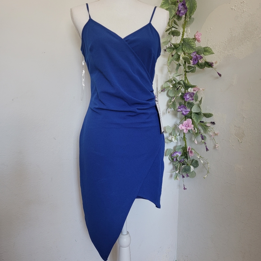 Emerald Sundae Womens V-neck Sheath Wrap High-Low Pointy Royal Blue Mini Dress - Picture 3 of 16